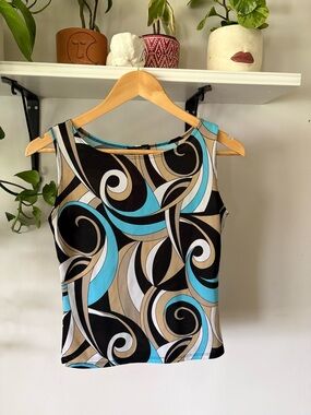 Women’s Sleeveless Patterned Tank Top in Black, Tan & Aqua